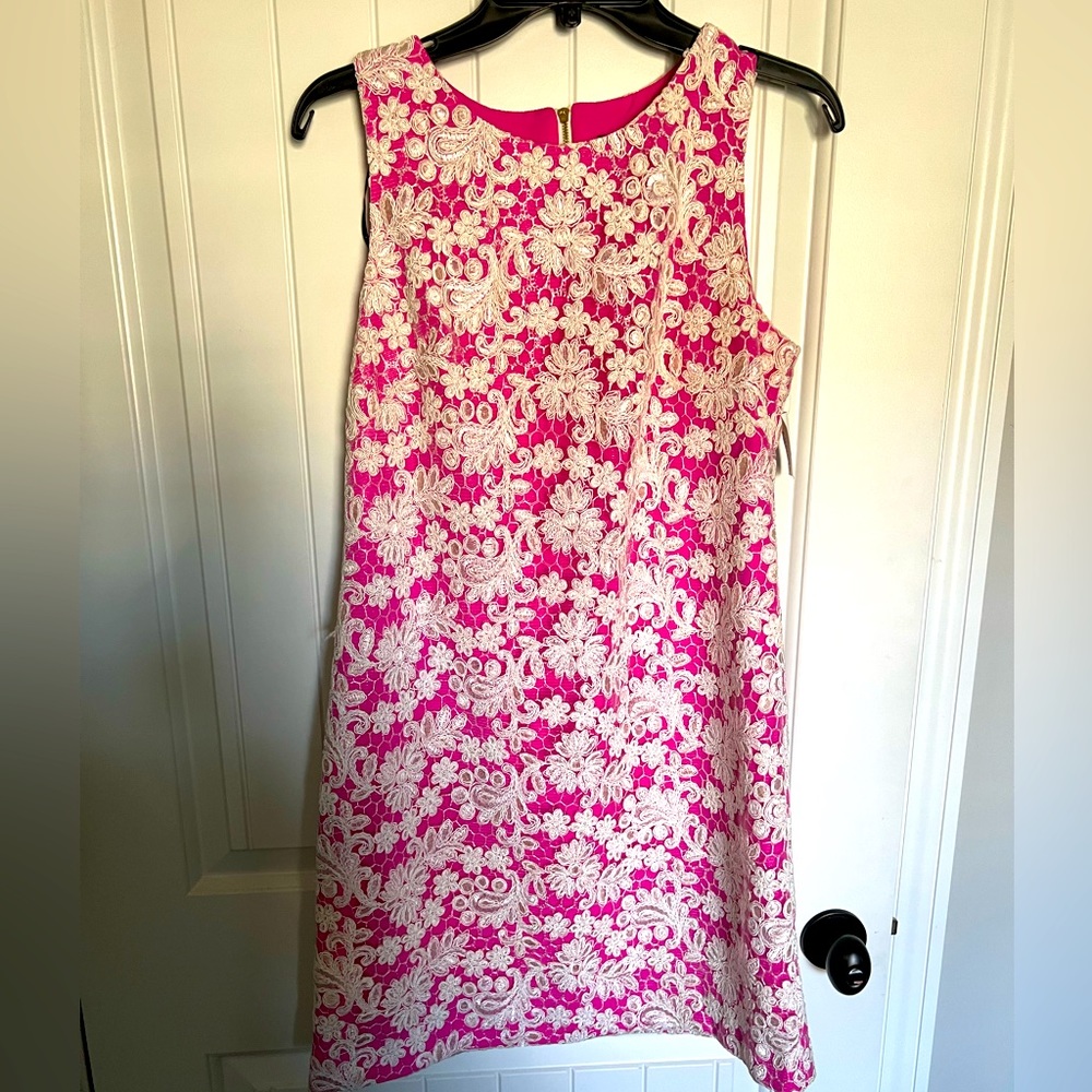 Pink dress with white overlay. Never worn. Vince Camuto. Size 8.